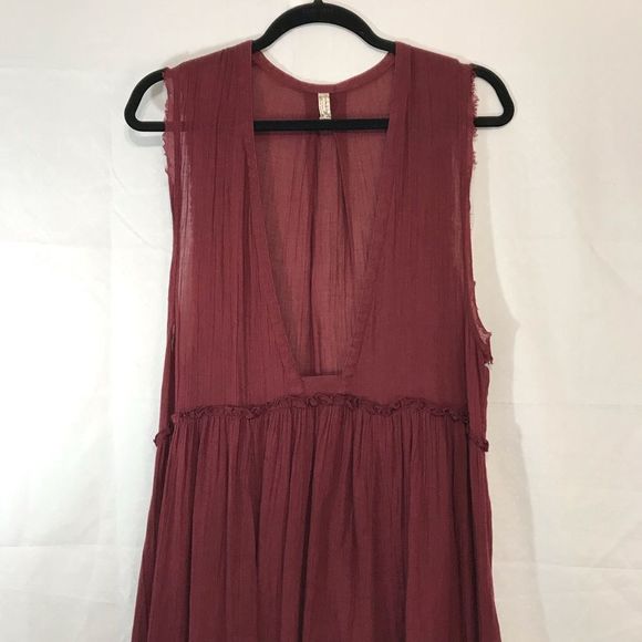 INTIMATELY FREE PEOPLE Sz XS Maroon Red Short-Sleeve Sheer Maxi Dress; Preloved - Picture 2 of 7